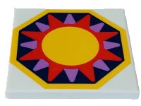 LEGO part Carreau 4 x 4 avec Soleil Jaune, Magenta et Lavande Moyen sur Fond Octogone Bleu Foncé avec Motif Bordure Jaune 1751pb001