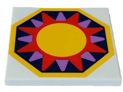 LEGO onderdeel Tegel 4 x 4 met geel, magenta en medium lavendel zon op donkerblauwe achthoekige achtergrond met gele rand patroon (1751pb001)