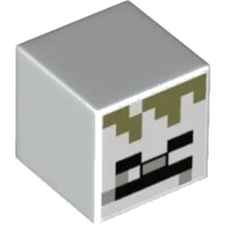 LEGO onderdeel Minifigure, Head, Modified Cube with Pixelated Black Eyes, Light Bluish Gray Nose, Black Mouth, and Olive Green Hair Pattern (Minecraft Skeleton) (19729pb039)