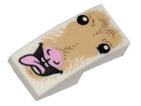 LEGO onderdeel Slope, Curved 2 x 1 x 2/3 Inverted with Tan Fur, Eyes, Open Mouth, Bright Pink Tongue and Nose Pattern (Goat Face) 24201pb001