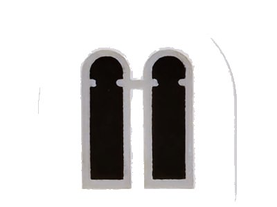 LEGO part Tile, Round 1 x 1 Half Circle Extended with 2 Black and Light Bluish Gray Castle Windows Pattern (24246pb057)