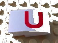 LEGO part Slope, Curved 3 x 2 with Red 'U' Pattern 24309pb003