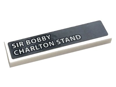 LEGO onderdeel Tile 1 x 4 with White 'SIR BOBBY CHARLTON STAND' on Dark Bluish Gray Background Pattern (Sticker) - Set 10272 (2431pb0671)