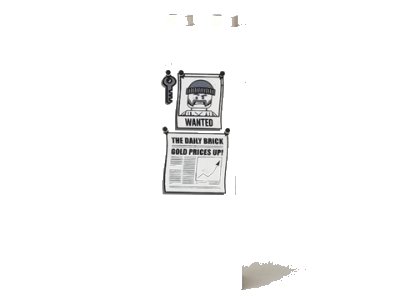 LEGO onderdeel Brick 1 x 2 x 5 with Key, 'WANTED' Photo, and Newspaper Cutting with 'THE DAILY BRICK' and 'GOLD PRICES UP!' Pattern (Sticker) - Set 4440 (2454pb063)