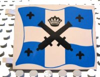 LEGO part Flag 6 x 4 with Black Crossed Cannons and Crown with Black Dots over Blue and White Cross Pattern on Both Sides 2525px2