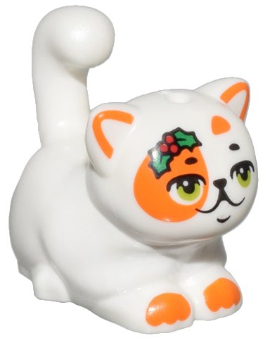 LEGO onderdeel Cat, Friends, Large, Sitting with Orange Markings, Lime Eyes, Green and Red Holly Pattern (Churro) (2652pb03)