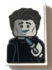 LEGO part Tile 2 x 3 with Black and White Minifigure, Metallic Light Blue Lipstick Pattern (Sticker) - Set 21319 26603pb075