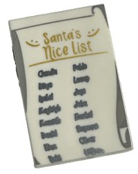 LEGO part Tile 2 x 3 with Gold 'Santa's Nice List' and Black Names Pattern 26603pb183