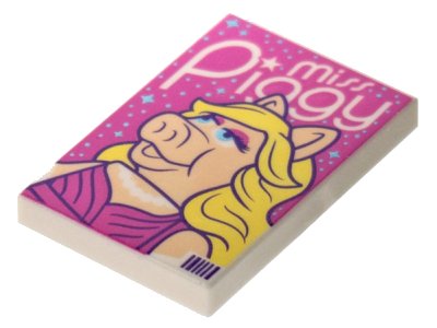 LEGO onderdeel Tile 2 x 3 with Miss Piggy Poster, Metallic Light Blue Stars on Dark Pink Background, Bar Code in Corner Pattern (26603pb235)