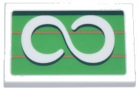 LEGO part Tile 2 x 3 with White Infinity Symbol on Bright Green Background with Dark Green and Medium Nougat Lines Pattern 26603pb357