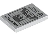 LEGO part Tile 2 x 3 with Black 'WANTED!' and Dark Bluish Gray Minifigure with '604-19' Pattern 26603pb380