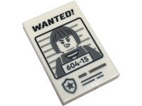 LEGO part Tile 2 x 3 with Black 'WANTED!' and Dark Bluish Gray Minifigure with '604-15' Pattern 26603pb389