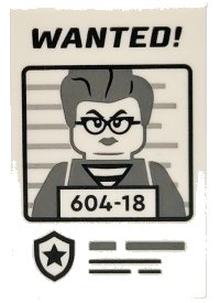LEGO part Tile 2 x 3 with 'WANTED!' Poster with Minifigure Mugshot and '604-18' Pattern 26603pb395
