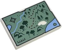 LEGO onderdeel Tile 2 x 3 with Map with Sand Green Land, Bright Light Blue Water, Dark Green Trees and Mountains, Black Compass Rose and Dark Red Dotted Line Pattern 26603pb498