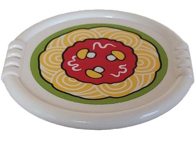 LEGO onderdeel Duplo Utensil Disk with Red Tomato Sauce, Yellow Mushrooms, and Spaghetti Pasta on Lime Background Pattern (27372pb14)