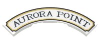 LEGO part Tile, Round Corner 4 x 4 Macaroni Wide with Black and Gold Sign Border and 'AURORA POINT' Pattern 27507pb08
