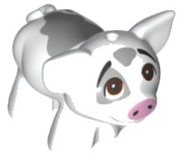 LEGO part Pig, Friends with Black Eyebrows, Reddish Brown Eyes Looking Up, Bright Pink Nose, and Dark Bluish Gray Smooth Spots Pattern (Pua) 28318pb03