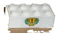 LEGO onderdeel Brick 2 x 4 with Black Number 1 on Yellow Trophy Cup and Laurels Pattern (Sticker) - Set 6539 3001pb075