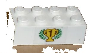 LEGO onderdeel Brick 2 x 4 with Black Number 1 on Yellow Trophy Cup and Laurels Pattern (Sticker) - Set 6539 (3001pb075)