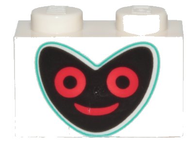 LEGO part Brick 1 x 2 with Black Heart Shape Face with Dark Turquoise Outline and Red Eyes and Mouth Pattern (3004pb190)