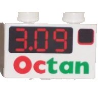 LEGO part Brick 1 x 2 with Red Digital '3.09' on Black Rectangle, Octan Logo Pattern 3004px1