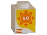 LEGO part Brick 1 x 1 with Number 50 in Orange Sun on Yellow Background Pattern 3005pb060