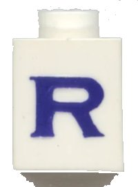LEGO part Brick 1 x 1 with Blue Capital Letter R Pattern (Serif Font) 3005ptRs