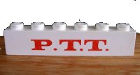 LEGO part Brick 1 x 6 with Red 'P.T.T.' Pattern 3009pb079