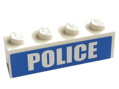 LEGO onderdeel Brick 1 x 4 with White 'POLICE' Bold Font on Blue Background Pattern (Sticker) - Sets 7498 / 7743 (3010pb103)