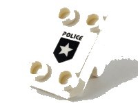 LEGO part Plate, Modified 2 x 3 Inverted with 4 Studs and Bar Handle on Bottom (Rocker Plate) with Black 'POLICE' and Shield with Star Pattern 30166pb02