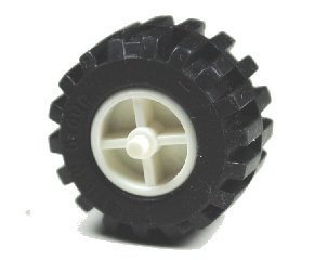 LEGO onderdeel Wheel Center Wide with Stub Axles (Tricycle) with Black Tire 21mm D. x 12mm - Offset Tread Small Wide, Band Around Center of Tread (30190 / 87697) (30190c02)