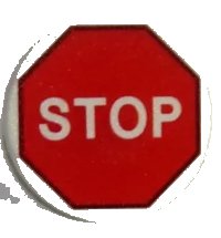 LEGO part Road Sign 2 x 2 Round with Clip with White 'STOP' in Red Octagon Pattern 30261pb031