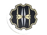 LEGO part Road Sign 2 x 2 Round with Clip with Black Gear Outline with Gold Edges and Symbols Pattern (Sticker) - Set 70620 30261pb033