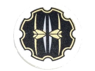 LEGO onderdeel Road Sign 2 x 2 Round with Clip with Black Gear Outline with Gold Edges and Symbols Pattern (Sticker) - Set 70620 (30261pb033)