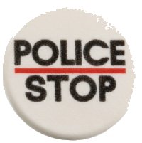 LEGO part Road Sign 2 x 2 Round with Clip with Black 'POLICE' and 'STOP', Red Line Pattern 30261px1