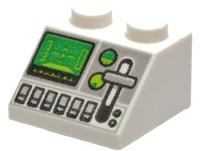 LEGO part Slope 45 2 x 2 with Green Control Screen, Gauges, Light Bluish Gray Lever and Silver Buttons Pattern (3039pb143)