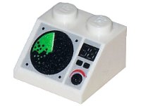 LEGO part Slope 45 2 x 2 with Black and Green Radar Screen, Digital '38', Buttons, and Dial Pattern 3039px5
