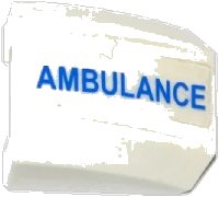 LEGO onderdeel Slope, Curved 2 x 2 Lip with Blue 'AMBULANCE' Pattern Model Left Side (Sticker) - Set 60086 30602pb073L