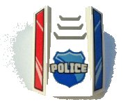 LEGO part Slope, Curved 2 x 2 Lip with 'POLICE', Badge, Grille and Red and Blue Sides Pattern (10687) 30602pb082