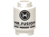 LEGO part Brick, Round 1 x 1 with Black 'MR. FUSION' Pattern 3062pb088