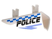 LEGO part Vehicle, Fairing 1 x 4 Side Flaring Intake with 2 Pins with Black 'POLICE', Blue Lightning Bolt, and Checkered Pattern Model Left Side 30647pb01