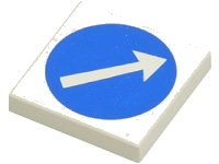 LEGO part Tile 2 x 2 with White Arrow in Blue Circle Pattern 3068p50