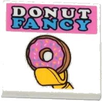 LEGO onderdeel Tile 2 x 2 with 'DONUT FANCY' and Donut / Doughnut in Minifigure Hand Pattern 3068pb0842