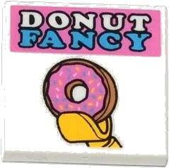 LEGO onderdeel Tile 2 x 2 with 'DONUT FANCY' and Donut / Doughnut in Minifigure Hand Pattern (3068pb0842)