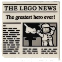 LEGO part Tile 2 x 2 with Newspaper 'THE LEGO NEWS' and 'The greatest hero ever!' Pattern 3068pb1105
