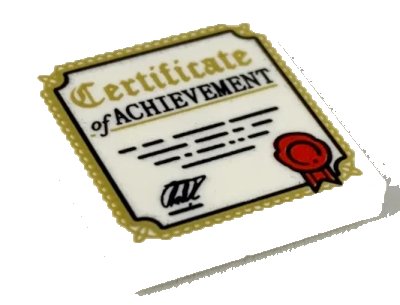 LEGO onderdeel Tile 2 x 2 with 'Certificate of ACHIEVEMENT', Gold Border, Red Ribbon Pattern (3068pb1209)