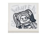 LEGO part Tile 2 x 2 with Harley Quinn and 'WANTED' and Hearts in Scratchy Writing Pattern (Sticker) - Set 70840 3068pb1514