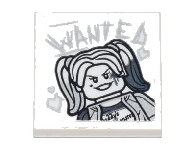 LEGO onderdeel Tile 2 x 2 with Harley Quinn and 'WANTED' and Hearts in Scratchy Writing Pattern (Sticker) - Set 70840 (3068pb1514)