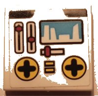 LEGO part Tile 2 x 2 with Control Panel with Medium Azure Display, Red Sliders, and Yellow Directional Pads Pattern (Sticker) - Set 41352 3068pb1815