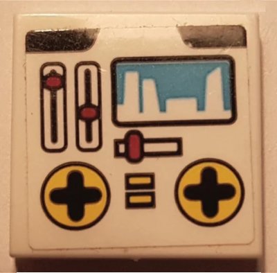 LEGO onderdeel Tile 2 x 2 with Control Panel with Medium Azure Display, Red Sliders, and Yellow Directional Pads Pattern (Sticker) - Set 41352 (3068pb1815)
